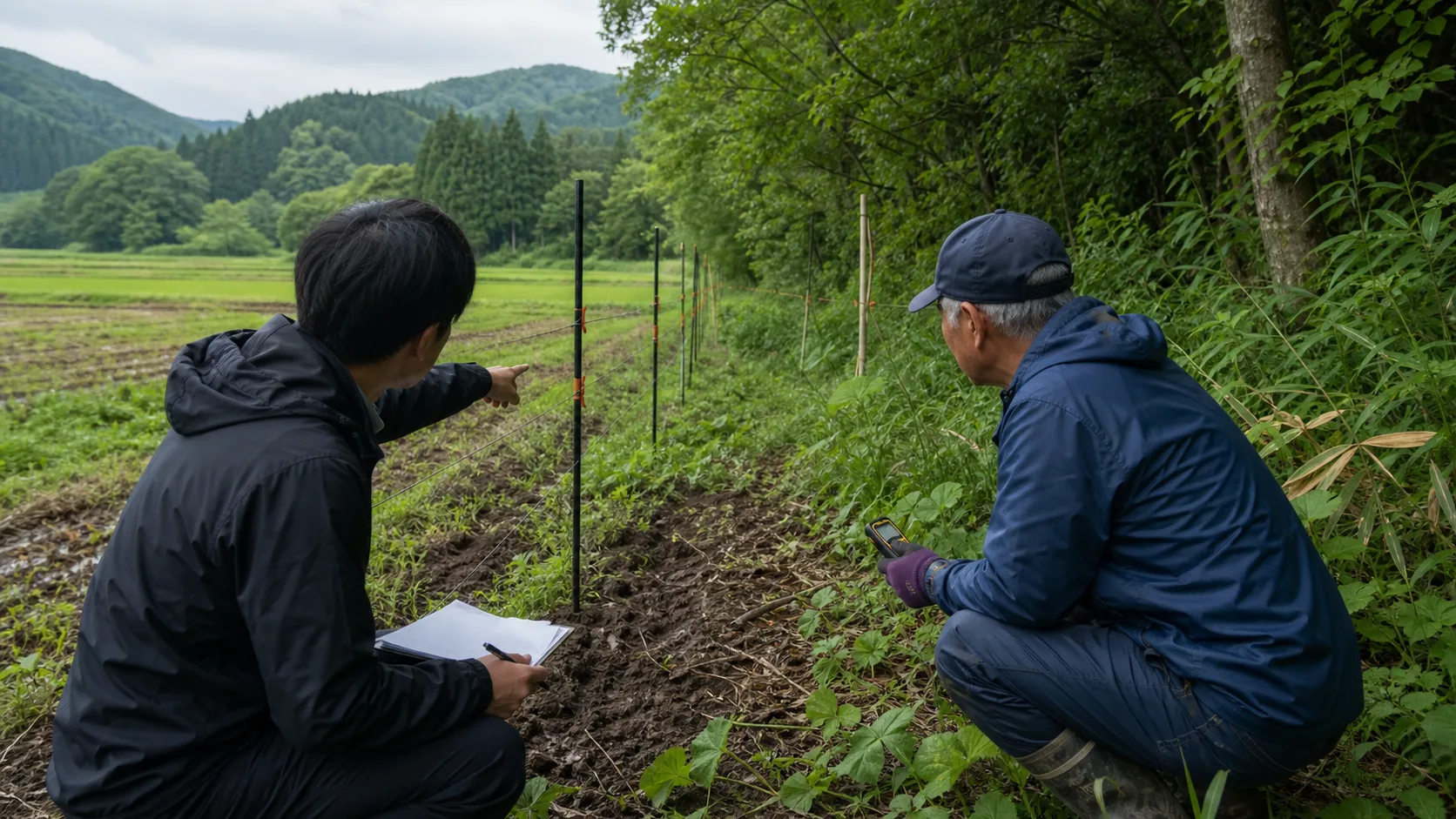 田畑と森の境で鳥獣害対策を確認する活動イメージ